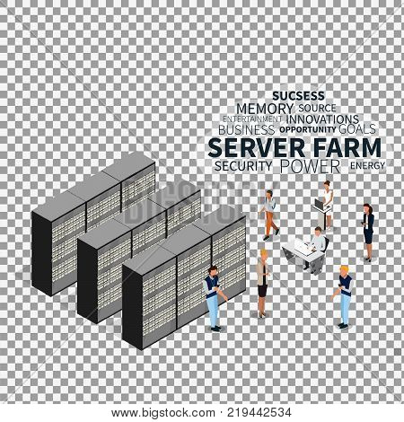 Server farm and isometric people on transparent background. Isometric view of server, data center, server rack, computer server. Vector illustration