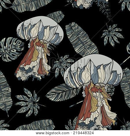 Seamless pattern with jellyfish and tropical leaves on black background. Vector illustration.