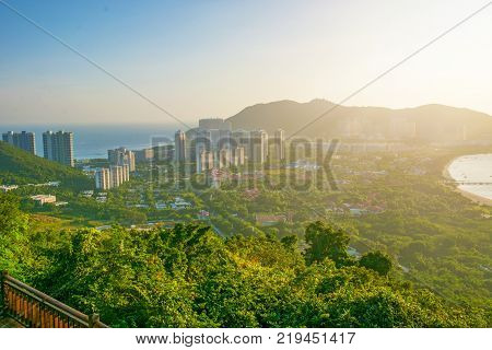 panorama of the city of Sanya, a view of the city in the highest point, the island of the Phoenix. Asia