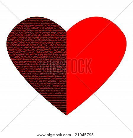 Red heart with lines on black half sign. Beautiful icon isolated on white background. Logo for romantic holiday celebration. Image of romance. Mark of decoration for love. Lovely symbol. Stock vector