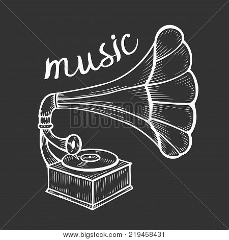 Hand drawn gramophone, sketch. Music, nostalgia symbol. Vintage vector illustration. Isolated on black background