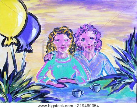 Acrylic painting on canvas of two sisters sitting with coffee cups