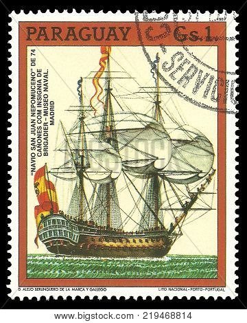 Paraguay - circa 1987: Stamp printed by Portugal Color edition on 500th anniversary of the discovery of America shows Battleship San Juan Nepomuceno circa 1987