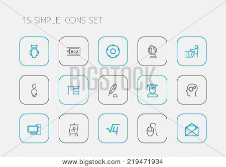 Set of 15 editable science icons line style. Includes symbols such as ink, letter, ball and more. Can be used for web, mobile, UI and infographic design.