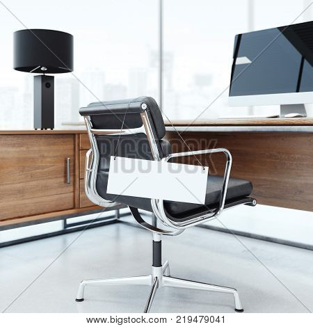 Blank white signboard on the chair at office. Job vacancy concept. 3d rendering