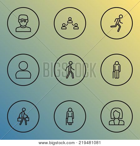 Human icons line style set with jogging, pulling, business and other social relations elements. Isolated vector illustration human icons.