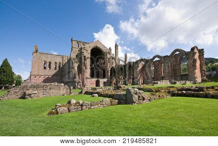 Ruins of the famous St Mary Abbey at Melrose village in Scotland