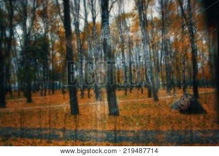 Autumn street on a rainy day view through wet glass