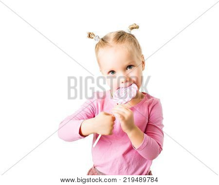 Pretty girl with bright lollipop candy on white background valentines day holiday love theme