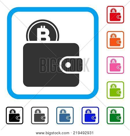 Bitcoin Billfold icon. Flat grey pictogram symbol inside a blue rounded rectangle. Black, gray, green, blue, red, orange color variants of Bitcoin Billfold vector. Designed for web and app interfaces.