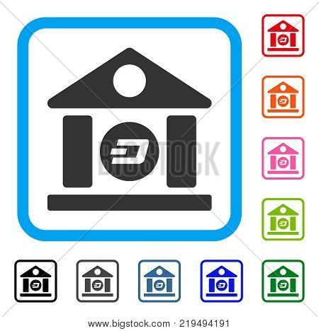Dash Bank Building icon. Flat gray pictogram symbol in a blue rounded squared frame. Black, gray, green, blue, red, orange color variants of Dash Bank Building vector.
