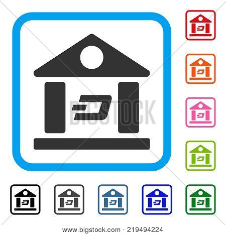 Dash Bank Building icon. Flat gray iconic symbol in a blue rounded rectangle. Black, gray, green, blue, red, orange color versions of Dash Bank Building vector. Designed for web and software UI.