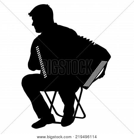 Silhouette musician, accordion player on white background, vector illustration.
