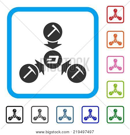 Dash Mining Pool icon. Flat gray pictogram symbol inside a blue rounded squared frame. Black, gray, green, blue, red, orange color variants of Dash Mining Pool vector.