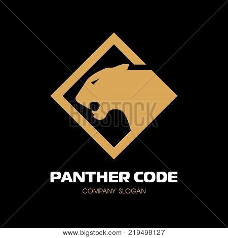 Golden panther logo. The head in profile. Fearless panther. Roaring predator. Fang, face. Combine with text. Vector Logo Template.