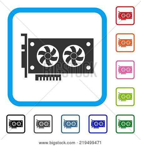 Dual Gpu Videocard icon. Flat gray iconic symbol in a blue rounded rectangular frame. Black, gray, green, blue, red, orange color additional versions of Dual Gpu Videocard vector.