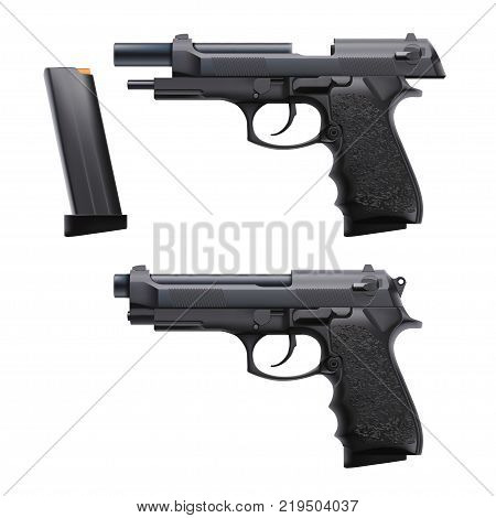 illustration of two conditions hand gun loaded and empty isolated on white background