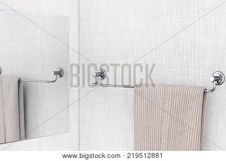 Mirror with Towel Hanging on Long New Stainless Steel Towel Holder Rack Against white wallpaper background. 3d Rendering