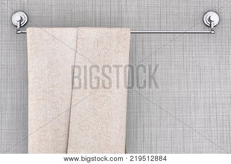 Towel Hanging on Long New Stainless Steel Towel Holder Rack Against white wallpaper background. 3d Rendering