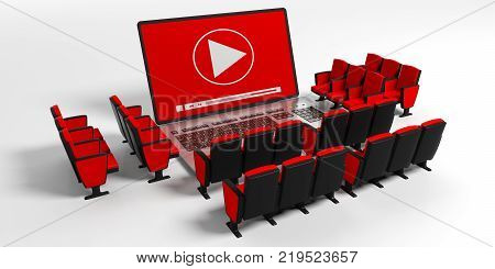 Home Cinema Concept. Cinema Chairs On Laptop. 3D Illustration