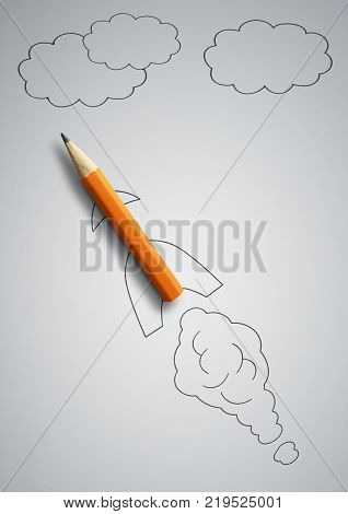 startup concept pencil as drawn rocket on grey