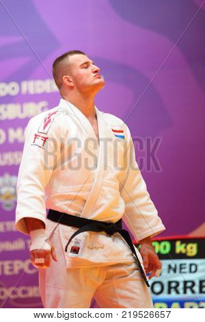 ST. PETERSBURG, RUSSIA - DECEMBER 17, 2017: Michael Korrel, Netherlands during award ceremony of Judo World Masters 2017. Korrel won silver medal in Men U100