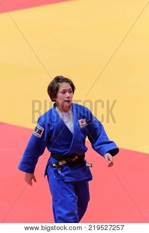 ST. PETERSBURG, RUSSIA - DECEMBER 16, 2017: Funa Tonaki, Japan after the fight against Irina Dolgova, Russia during Judo World Masters tour. Tonaki won gold medal