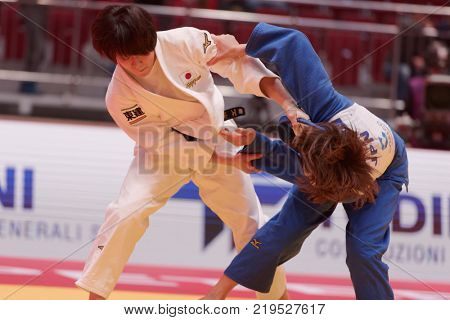 ST. PETERSBURG, RUSSIA - DECEMBER 16, 2017: Final fight Miku Tashiro (white) vs Nami Nabekura, both of Japan during Judo World Masters tour. Tashiro won gold medal