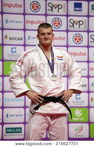 ST. PETERSBURG, RUSSIA - DECEMBER 17, 2017: Michael Korrel, Netherlands during award ceremony of Judo World Masters 2017. Korrel won silver medal in Men U100