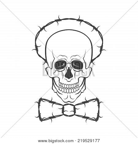 Hand drawn vector skull with barbed wire. Vector modern illustration