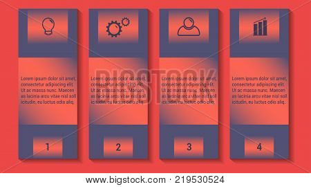 Infographic template of four steps on squares, tag banner, work sheet, flat design of business icon, vector.