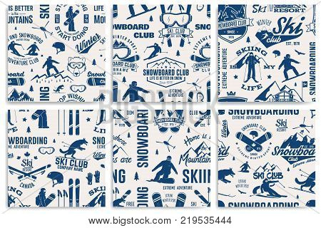 Set of Ski and Snowboard Club seamless pattern. Vector. Concept for shirt, print, stamp, badge or tee. Vintage typography design with snowboarder and skier silhouette. Winter Extreme sport.