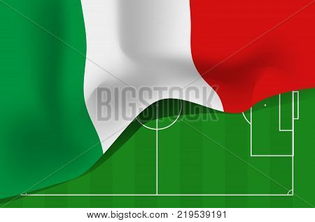 Italy national waving flag. Symbol of Italy on football field background