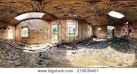 GRODNO BELARUS - JULY 17 2011: panorama in an abandoned old building. Full 360 degree panorama in equirectangular equidistant spherical projection skybox for VR content