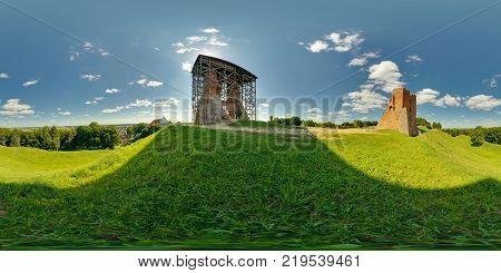 Panorama ruins of ancient medieval knight castle on mountain. Full 360 by 180 degree seamless equirectangular equidistant spherical panorama. Skybox vr ar content