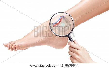 Cyborg in human skin. Mygnifying glass shows robotic detail inside leg. Prosthesis concept. 3d rendering.