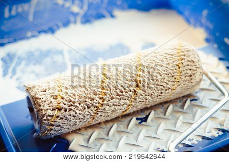tray with white paint and roller for repair