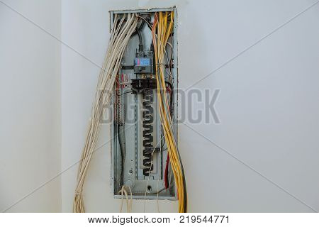 electrical box contains many terminals, relays, wires and switches. installing components in electrical shield