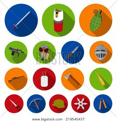 Types of weapons flat icons in set collection for design.Firearms and bladed weapons vector symbol stock  illustration.