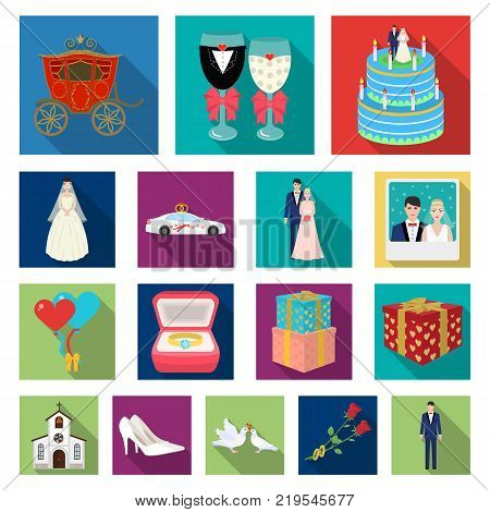 Wedding and Attributes flat icons in set collection for design. Newlyweds and Accessories vector symbol stock  illustration.