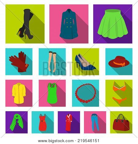 Women's Clothing flat icons in set collection for design.Clothing Varieties and Accessories vector symbol stock  illustration.