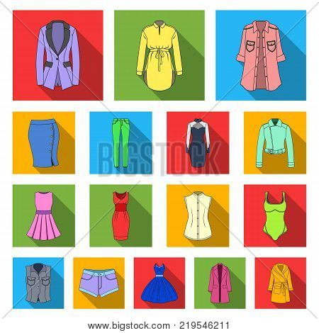 Women's Clothing flat icons in set collection for design.Clothing Varieties and Accessories vector symbol stock  illustration.