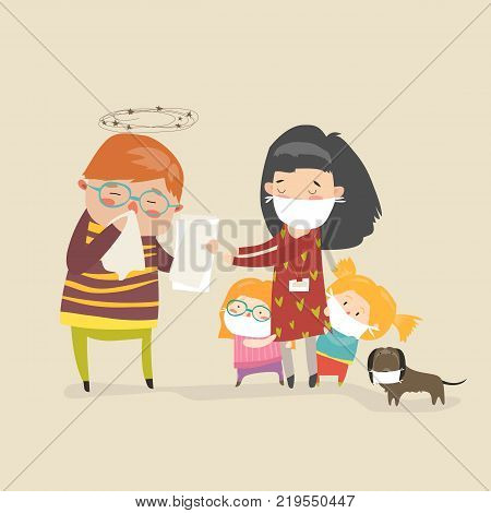 Social worker with kids. Caretaker sick. Vector cartoon illustration