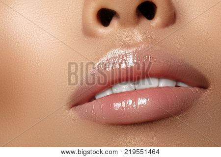 Moisturizing Lip Balm, Lipstick. Close-up Beautiful Sexy Wet Lips. Full Lips With Gloss Lip Makeup.