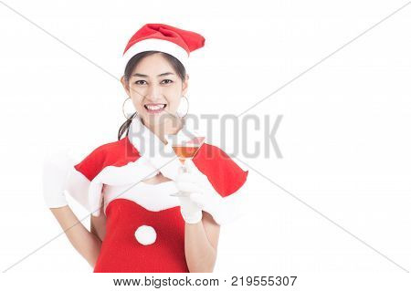 Beautiful Asian Woman Holding Cocktail Drink With Happy Emotion, Isolated On White, Woman In Santa C