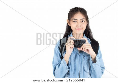 Beautiful Asian Woman Holding Camera With Attractive Smiling, Isolated On White Background.