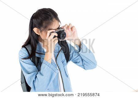 Beautiful Asian Woman Holding Camera With Attractive Smiling, Isolated On White Background.
