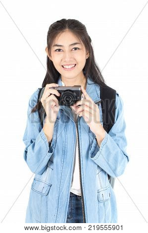 Beautiful Asian Woman Holding Camera With Attractive Smiling, Isolated On White Background.