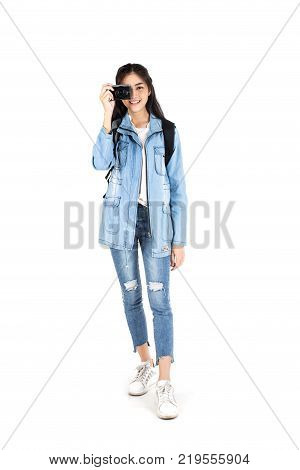 Beautiful Asian Woman Holding Camera With Attractive Smiling, Isolated On White Background.
