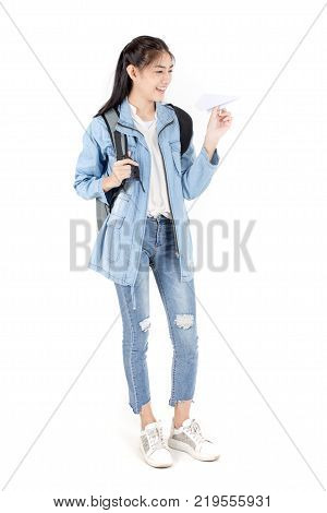 Beautiful Asian Woman Holding Camera With Attractive Smiling, Isolated On White Background.